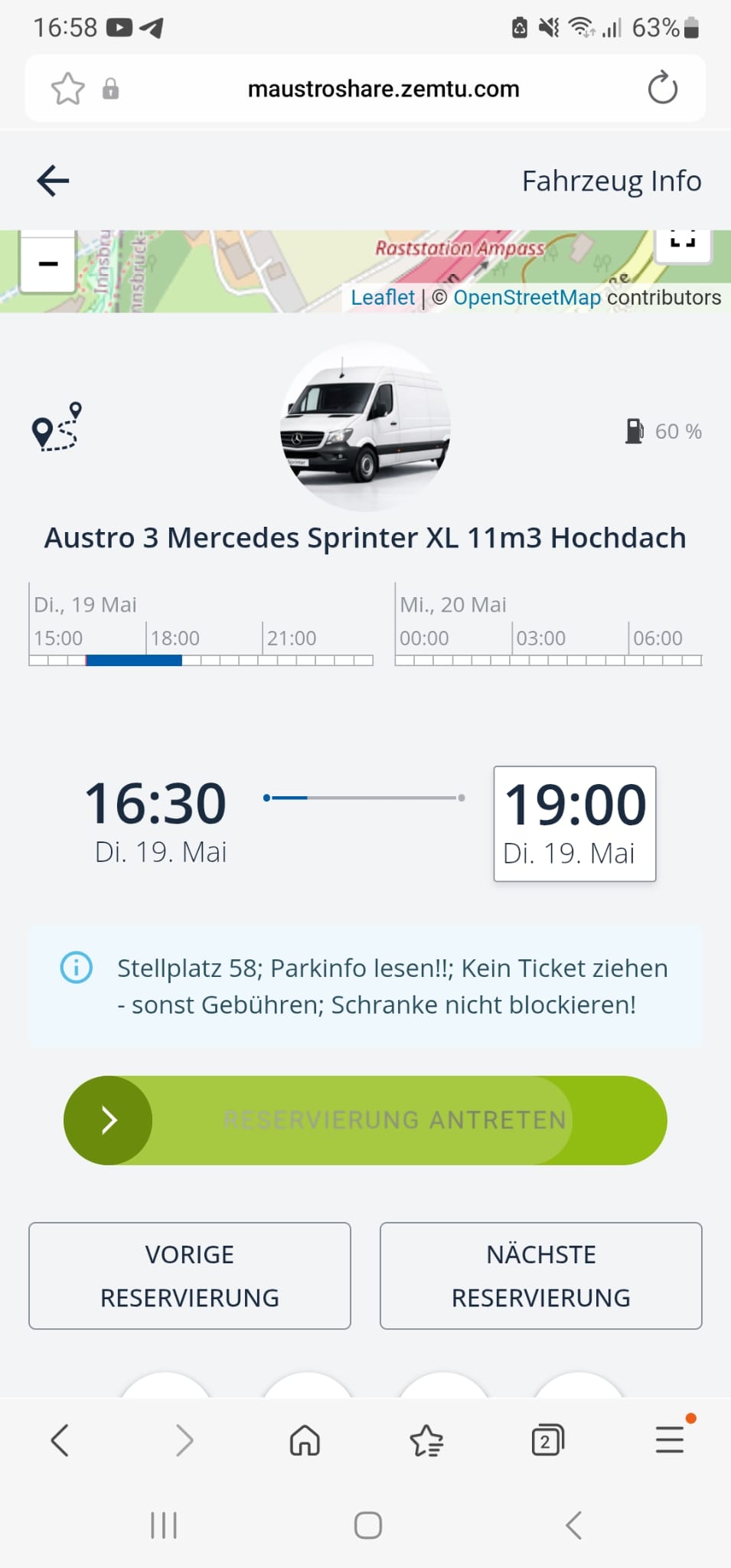 Transporter mieten Innsbruck Web-App Steuerung